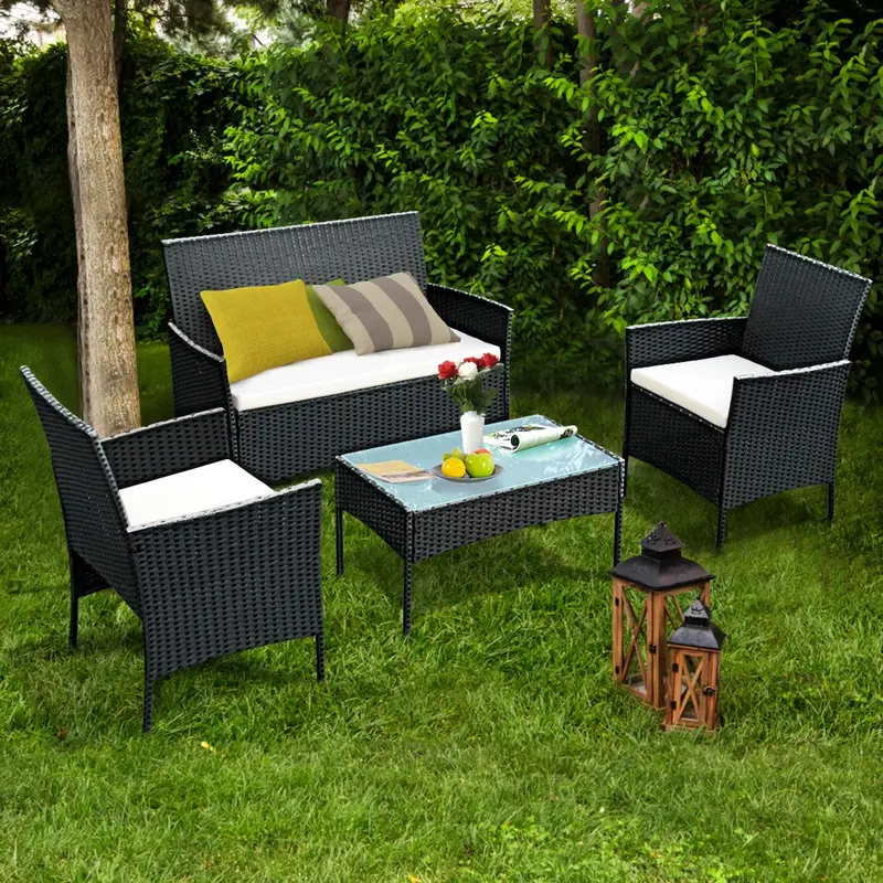 4-Piece Outdoor Rattan Sofa Set with All-Weather Cushions and Black Wicker Frame