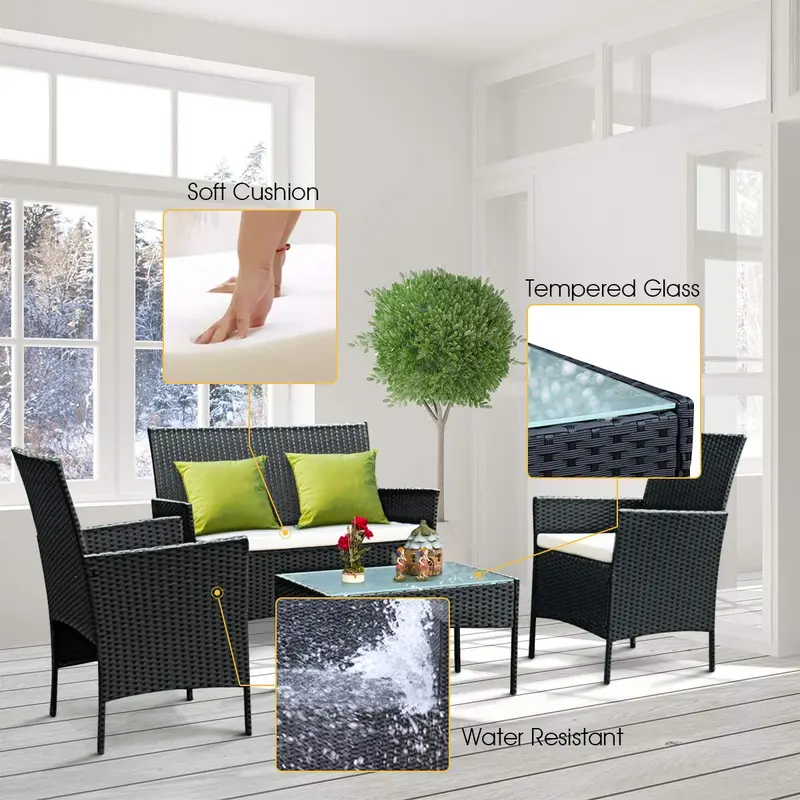 4-Piece Outdoor Rattan Sofa Set with All-Weather Cushions and Black Wicker Frame