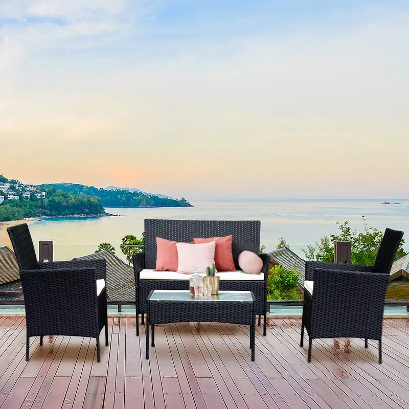 4-Piece Outdoor Rattan Sofa Set with All-Weather Cushions and Black Wicker Frame