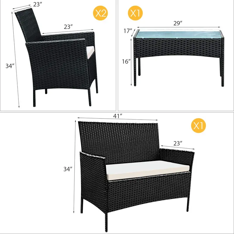 4-Piece Outdoor Rattan Sofa Set with All-Weather Cushions and Black Wicker Frame