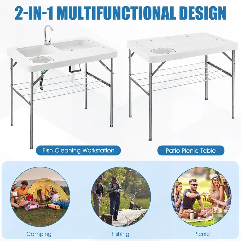 40-Inch Folding Fish Cleaning Table – Dual Stainless Steel Basins and Portable Design 2