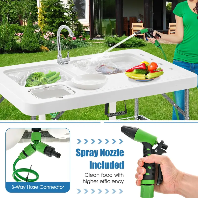 40-Inch Folding Fish Cleaning Table – Dual Stainless Steel Basins and Portable Design