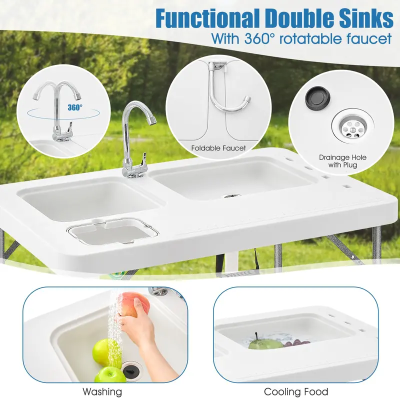 40-Inch Folding Fish Cleaning Table – Dual Stainless Steel Basins and Portable Design