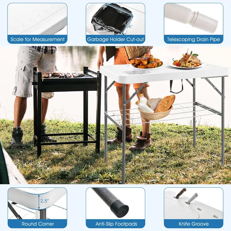 40-Inch Folding Fish Cleaning Table – Dual Stainless Steel Basins and Portable Design