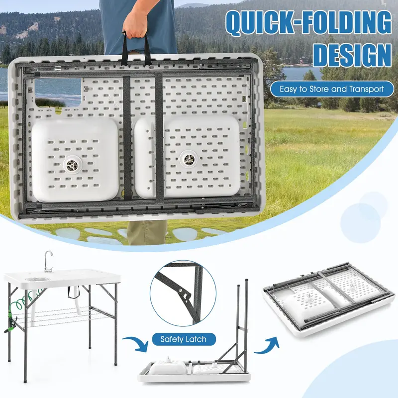 40-Inch Folding Fish Cleaning Table – Dual Stainless Steel Basins and Portable Design