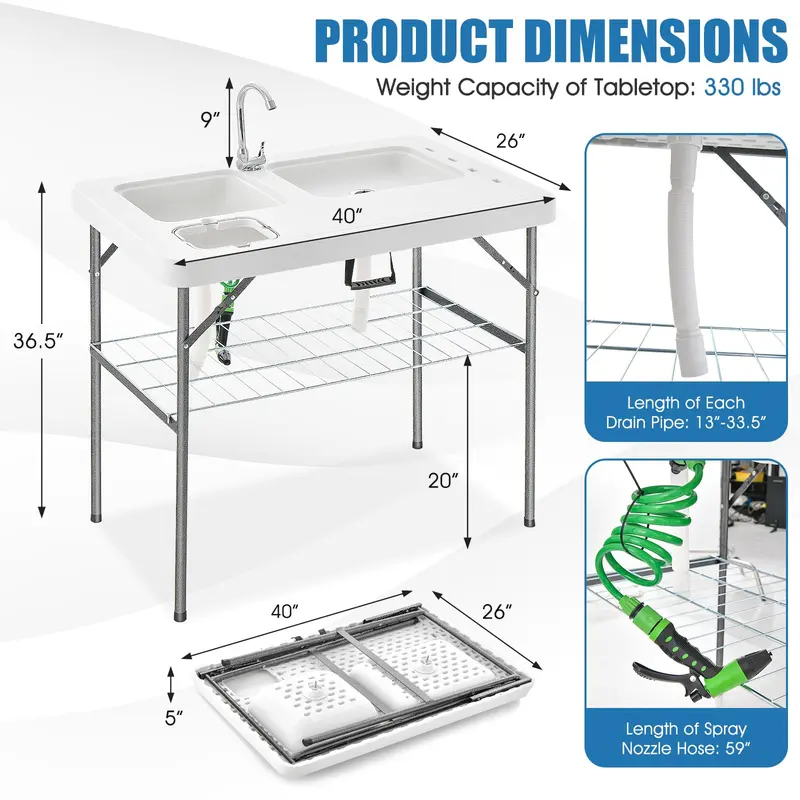 40-Inch Folding Fish Cleaning Table – Dual Stainless Steel Basins and Portable Design