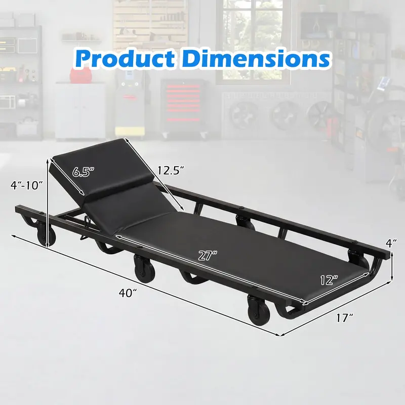 40-Inch Padded Rolling Mechanic Creeper with Height-Adjustable Backrest and Headrest 2