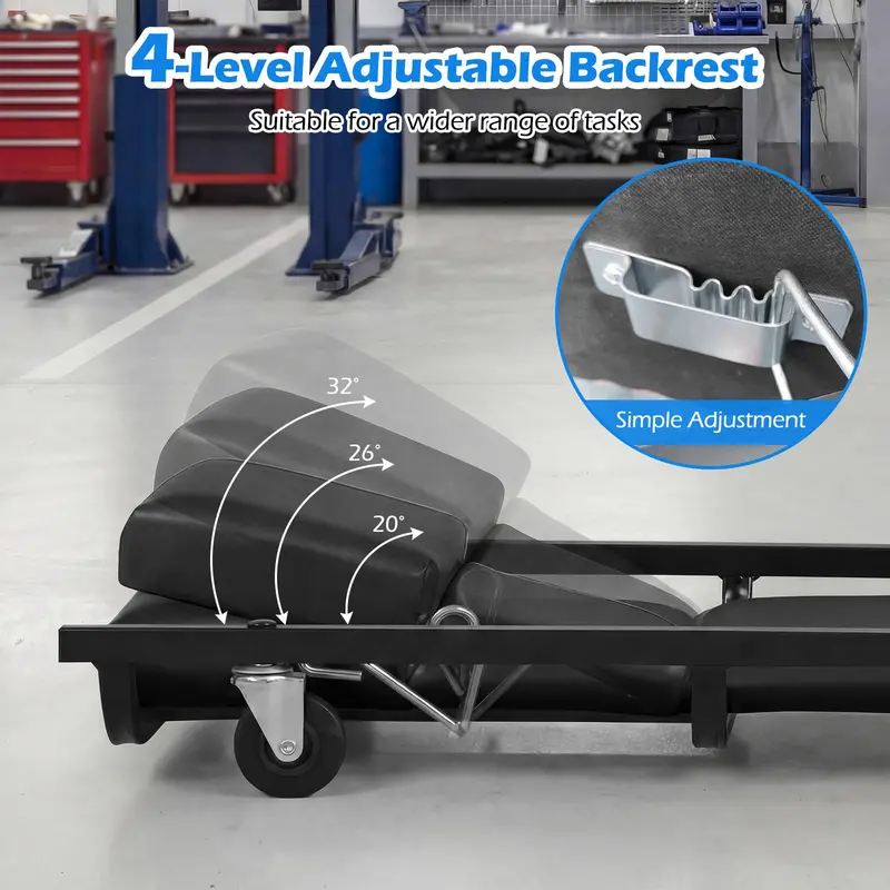 40-Inch Padded Rolling Mechanic Creeper with Height-Adjustable Backrest and Headrest