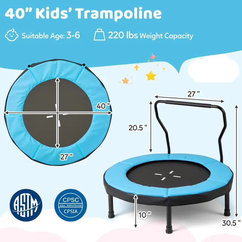 40-Inch Trampoline with Safety Pad & Foam Handlebar – Compact Bouncing Solution