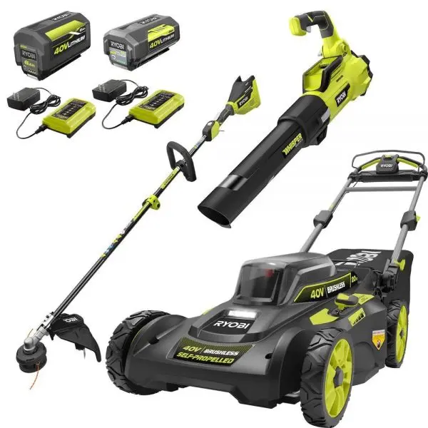 40V Brushless Self-Propelled Lawn Mower Kit with String Trimmer & Leaf Blower – Includes 2 Batteries and 2 Chargers