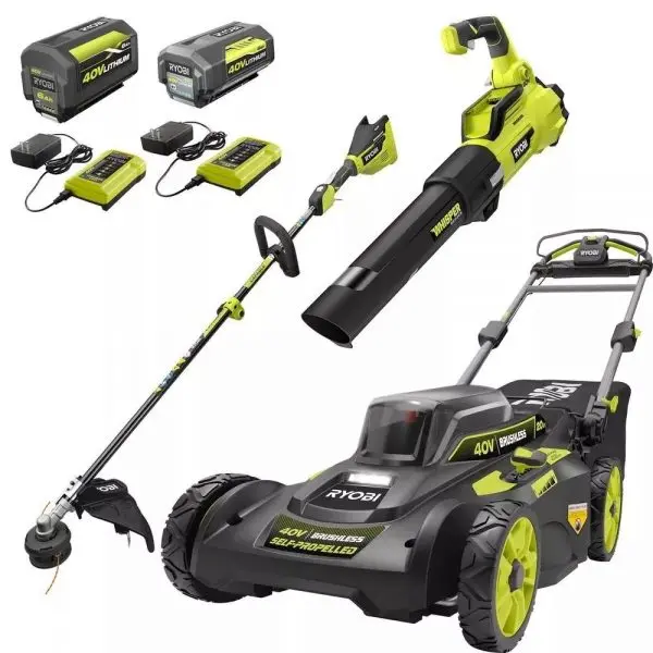 40V Brushless Self-Propelled Lawn Mower Kit with String Trimmer & Leaf Blower – Includes 2 Batteries and 2 Chargers