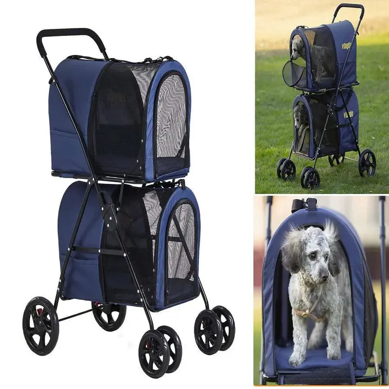 42-Inch Navy Blue Double Pet Stroller – Foldable, Four-Wheel Design with Suspension for Two Dogs or Cats