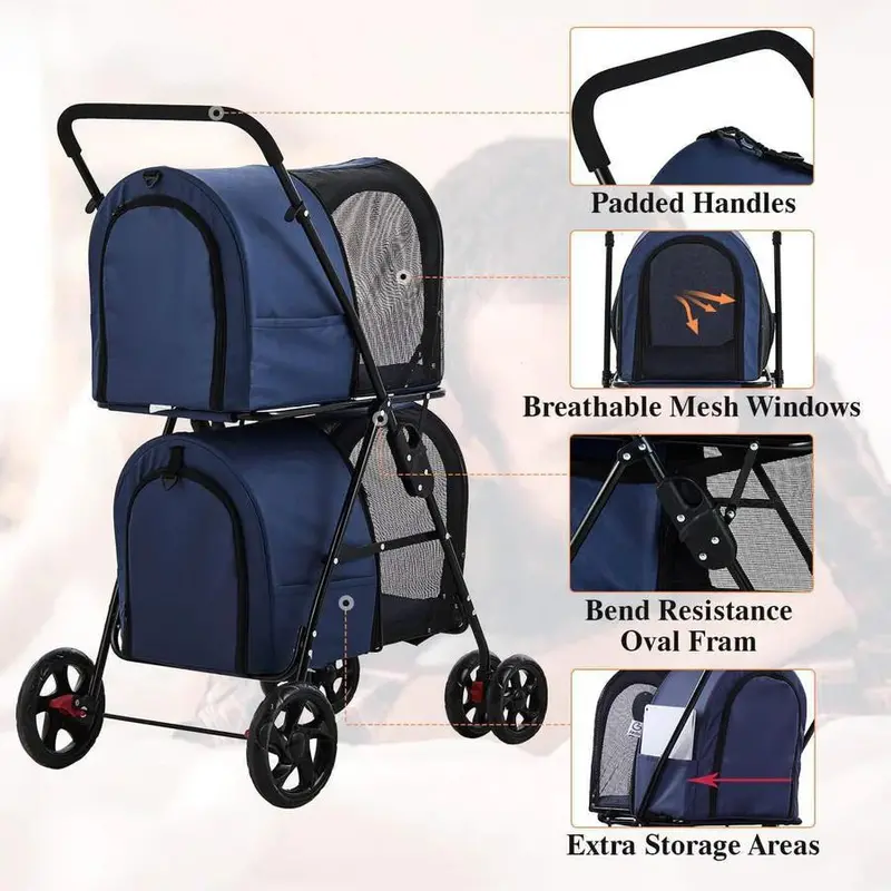 42-Inch Navy Blue Double Pet Stroller – Foldable, Four-Wheel Design with Suspension for Two Dogs or Cats 2