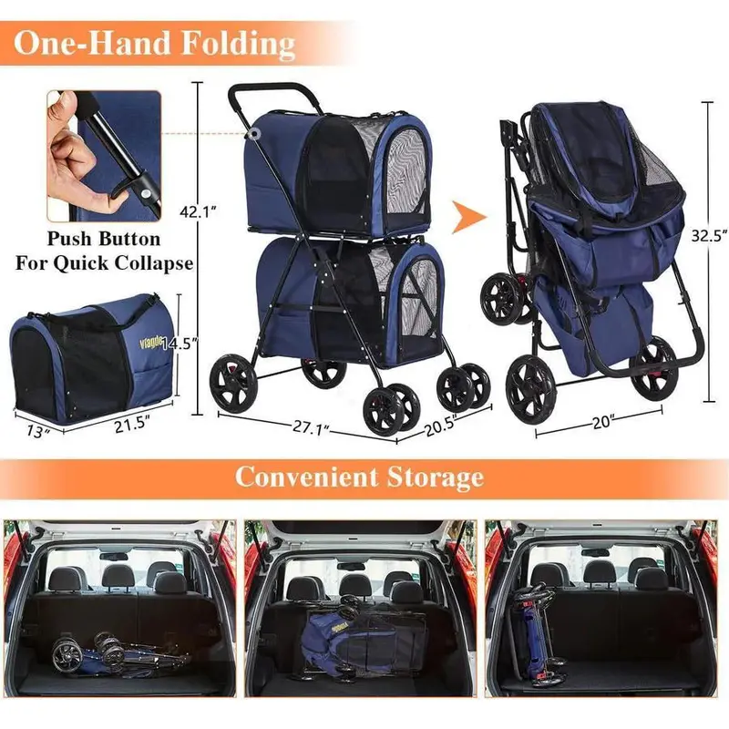 42-Inch Navy Blue Double Pet Stroller – Foldable, Four-Wheel Design with Suspension for Two Dogs or Cats
