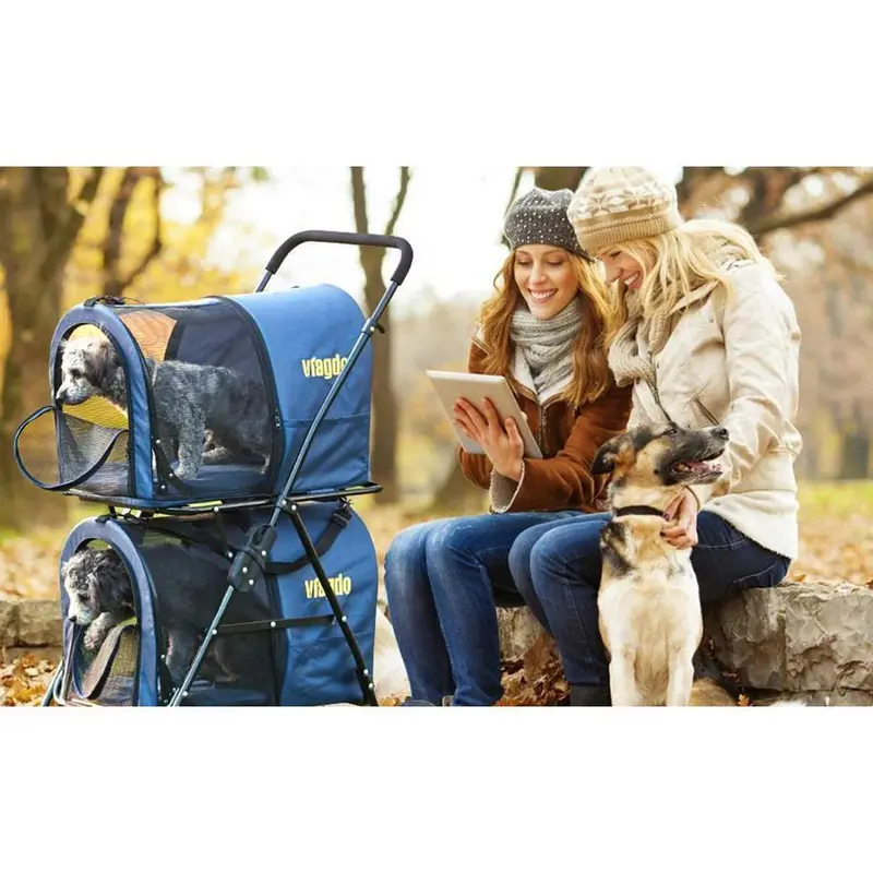 42-Inch Navy Blue Double Pet Stroller – Foldable, Four-Wheel Design with Suspension for Two Dogs or Cats