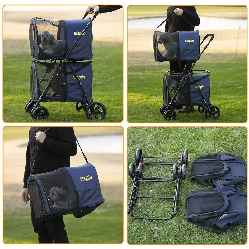42-Inch Navy Blue Double Pet Stroller – Foldable, Four-Wheel Design with Suspension for Two Dogs or Cats