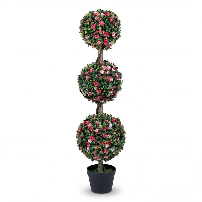 43.5-Inch Artificial Triple-Ball Rose Topiary – Elegant Faux Potted Floral Tree (Half-Pack)