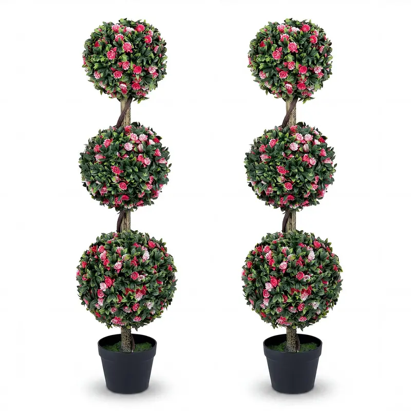 43.5-Inch Artificial Triple-Ball Rose Topiary – Elegant Faux Potted Floral Tree (Half-Pack)