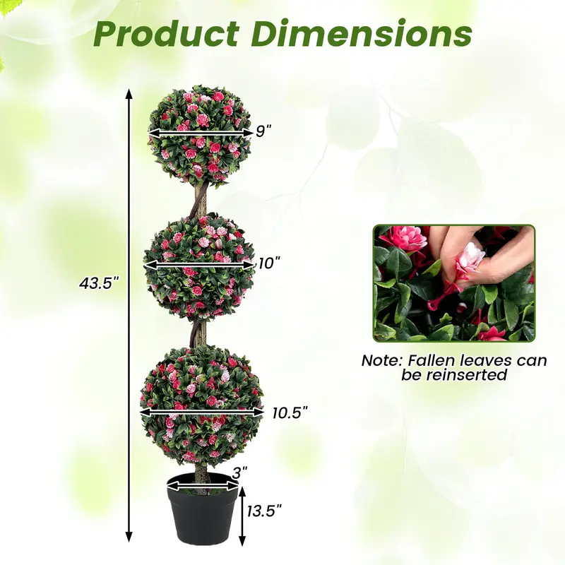 43.5-Inch Artificial Triple-Ball Rose Topiary – Elegant Faux Potted Floral Tree (Half-Pack)