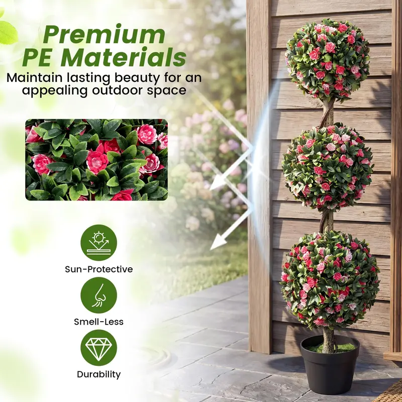 43.5-Inch Artificial Triple-Ball Rose Topiary – Elegant Faux Potted Floral Tree (Half-Pack)