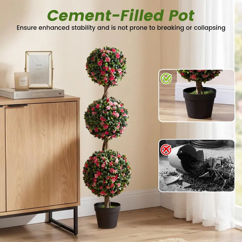 43.5-Inch Artificial Triple-Ball Rose Topiary – Elegant Faux Potted Floral Tree (Half-Pack)