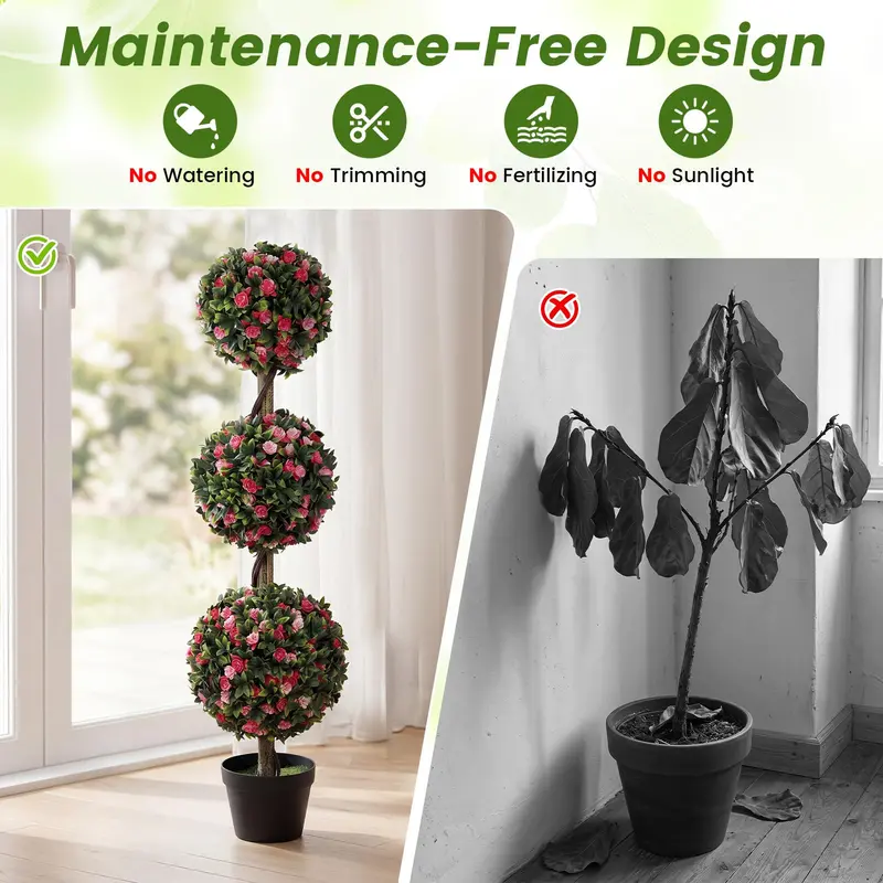 43.5-Inch Artificial Triple-Ball Rose Topiary – Elegant Faux Potted Floral Tree (Half-Pack)