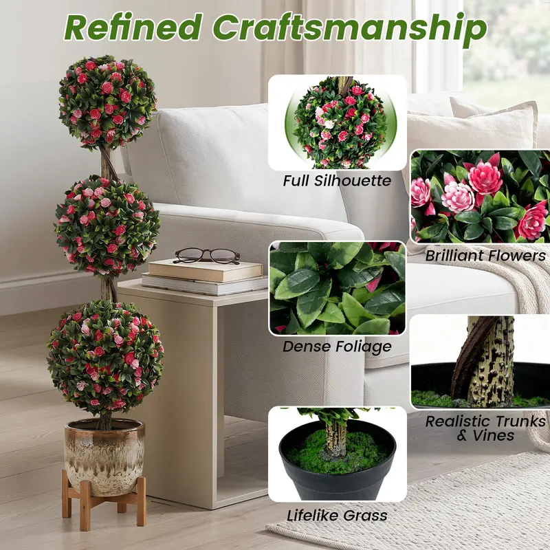 43.5-Inch Artificial Triple-Ball Rose Topiary – Elegant Faux Potted Floral Tree (Half-Pack)