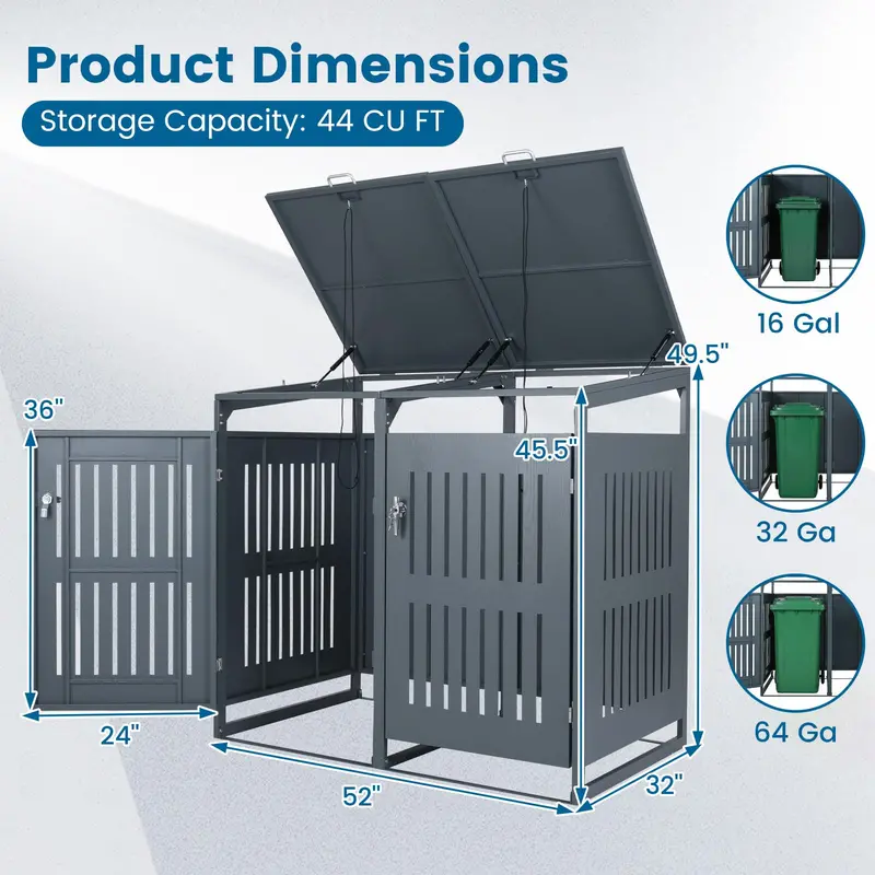 44 Cu. Ft. Dual-Bin Outdoor Trash Storage Shed with Gas-Assist Lid