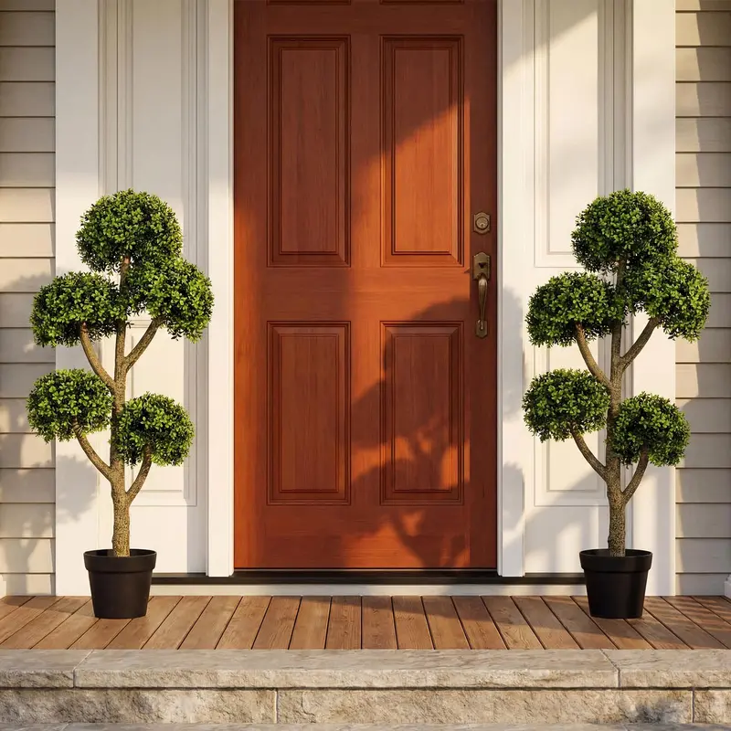 46-Inch Artificial Boxwood Topiary Tree Featuring Five Spherical Greenery Clusters
