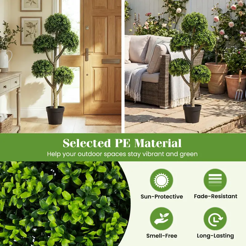 46-Inch Artificial Boxwood Topiary Tree Featuring Five Spherical Greenery Clusters