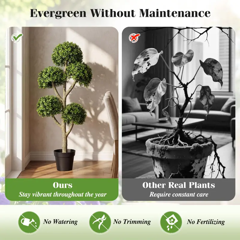 46-Inch Artificial Boxwood Topiary Tree Featuring Five Spherical Greenery Clusters
