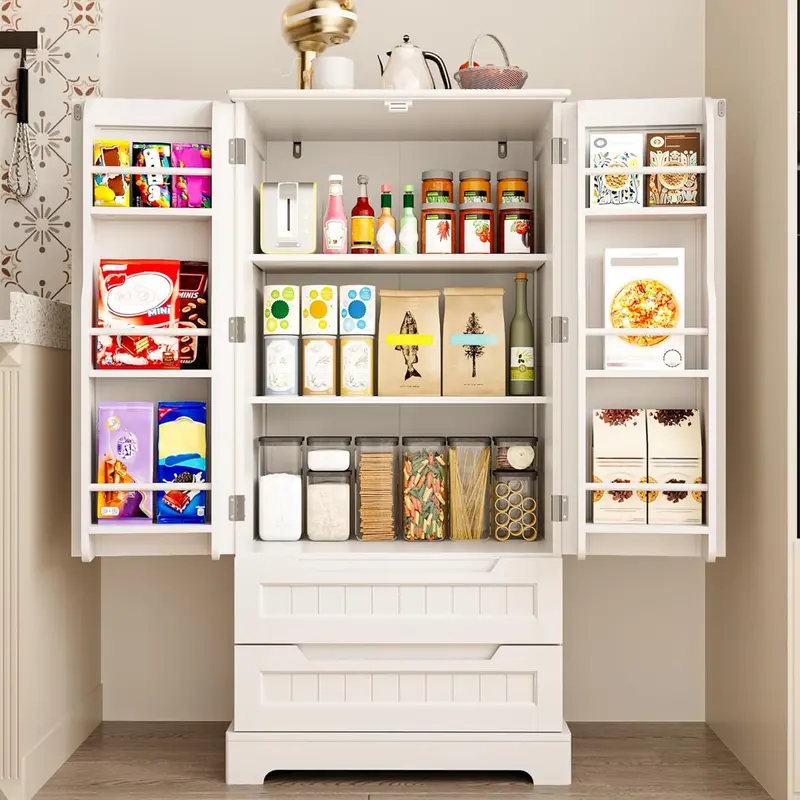 47-Inch Freestanding Storage Cabinet with Drawers and Shelves – Compact Kitchen or Bathroom Pantry