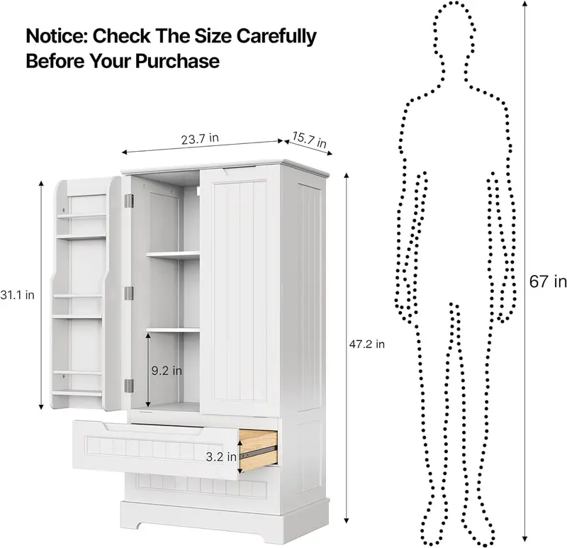 47-Inch Freestanding Storage Cabinet with Drawers and Shelves – Compact Kitchen or Bathroom Pantry