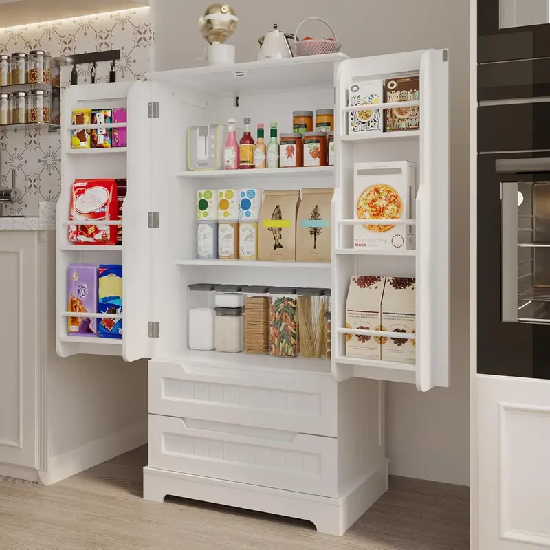 47-Inch Freestanding Storage Cabinet with Drawers and Shelves – Compact Kitchen or Bathroom Pantry