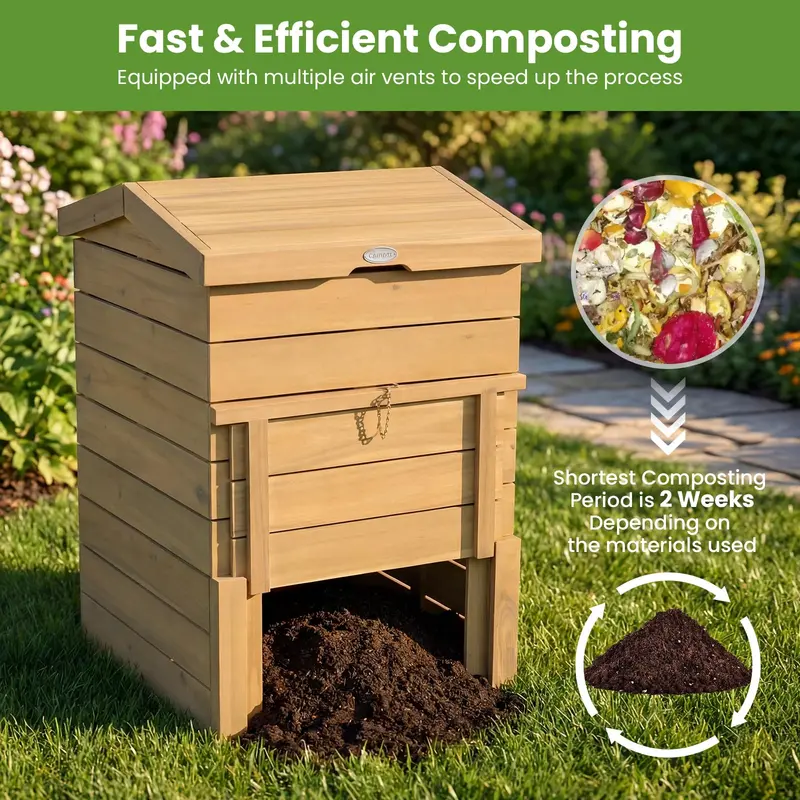 48-Gallon Locking Wooden Compost Bin with Sliding Door and Flip-Top Lid