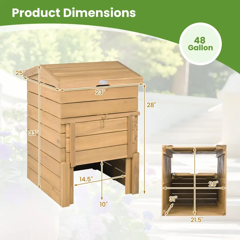 48-Gallon Locking Wooden Compost Bin with Sliding Door and Flip-Top Lid