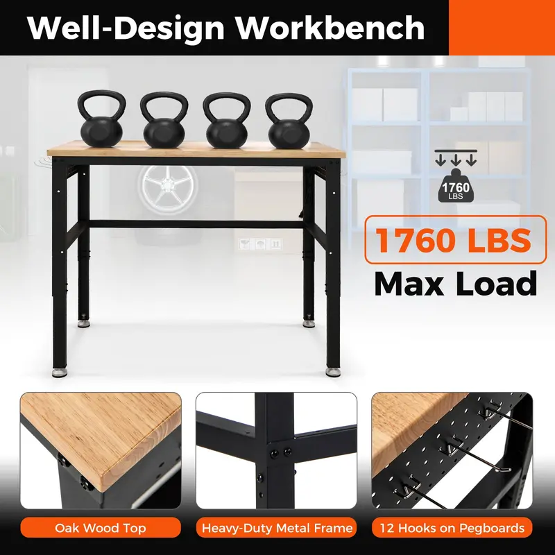 48-Inch Adjustable Workbench – Heavy-Duty Oak Top with Non-Slip Pads