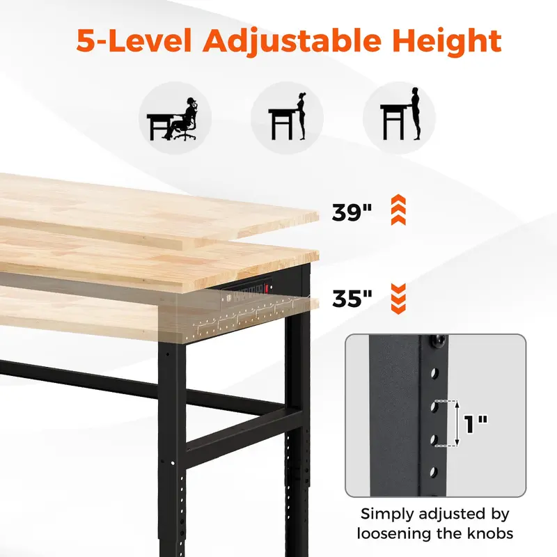 48-Inch Adjustable Workbench – Heavy-Duty Oak Top with Non-Slip Pads