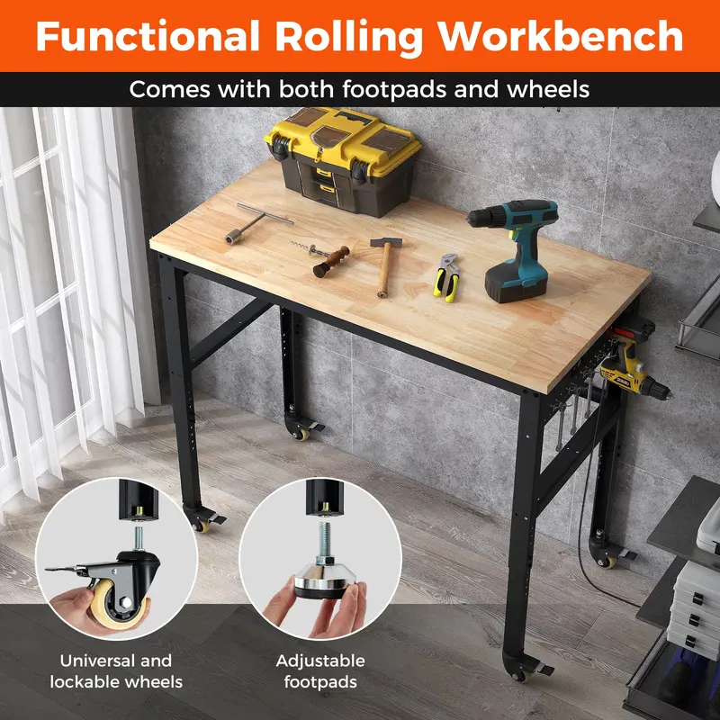 48-Inch Adjustable Workbench – Heavy-Duty Oak Top with Non-Slip Pads