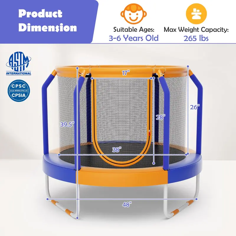48-Inch ASTM-Certified Kids’ Trampoline with Enhanced Safety Enclosure & Ground-Level Design