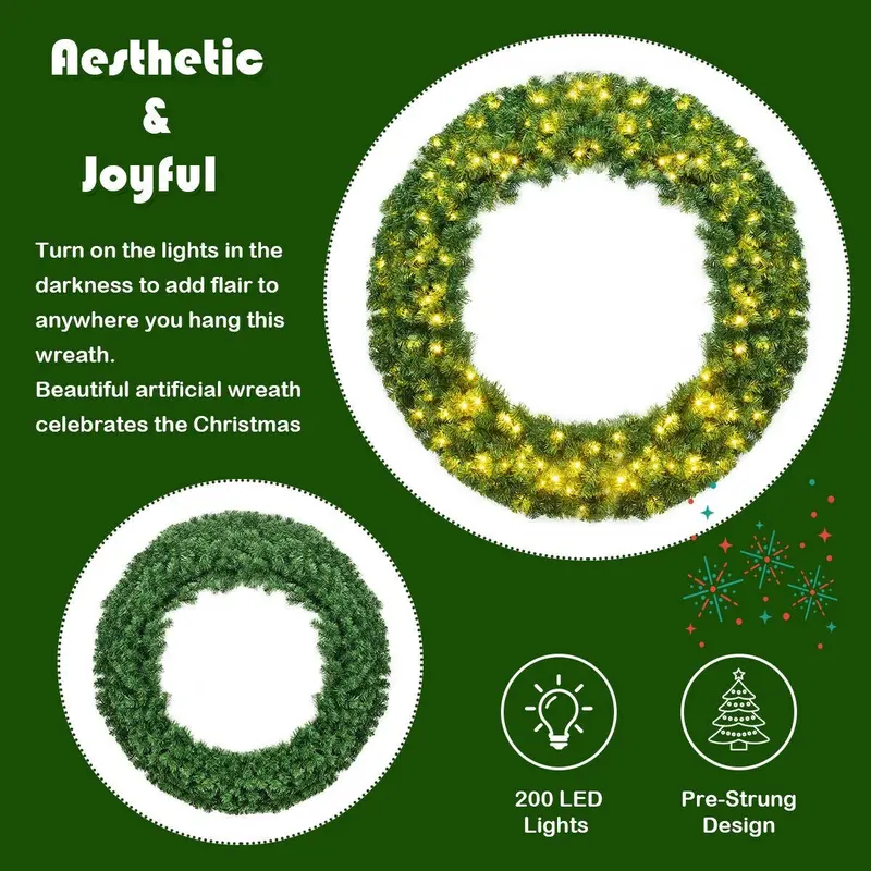 48-Inch Cordless Pre-Lit Artificial Christmas Wreath for Indoor or Outdoor Use