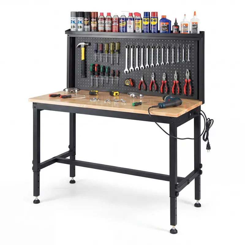 48-Inch Heavy-Duty Workbench – Built-in AC/USB Outlets & Modular Pegboard System