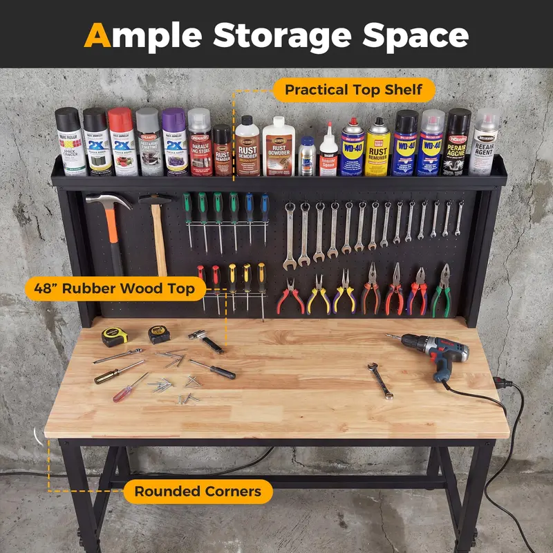 48-Inch Heavy-Duty Workbench – Built-in AC/USB Outlets & Modular Pegboard System 2