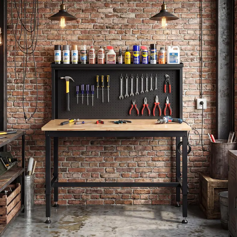 48-Inch Heavy-Duty Workbench – Built-in AC/USB Outlets & Modular Pegboard System