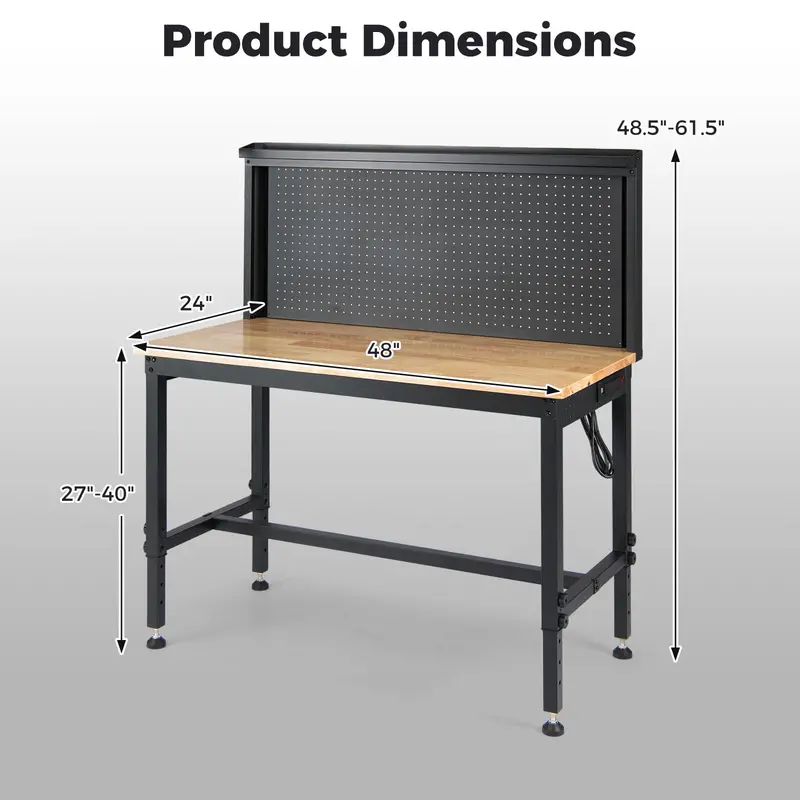48-Inch Heavy-Duty Workbench – Built-in AC/USB Outlets & Modular Pegboard System