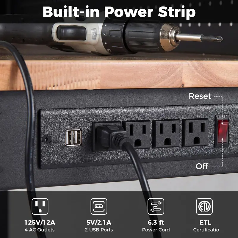 48-Inch Heavy-Duty Workbench – Built-in AC/USB Outlets & Modular Pegboard System