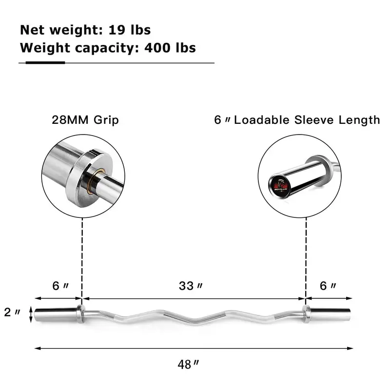 48-Inch Olympic EZ Curl Bar – 400 lb Capacity Solid Steel Strength Training Barbell