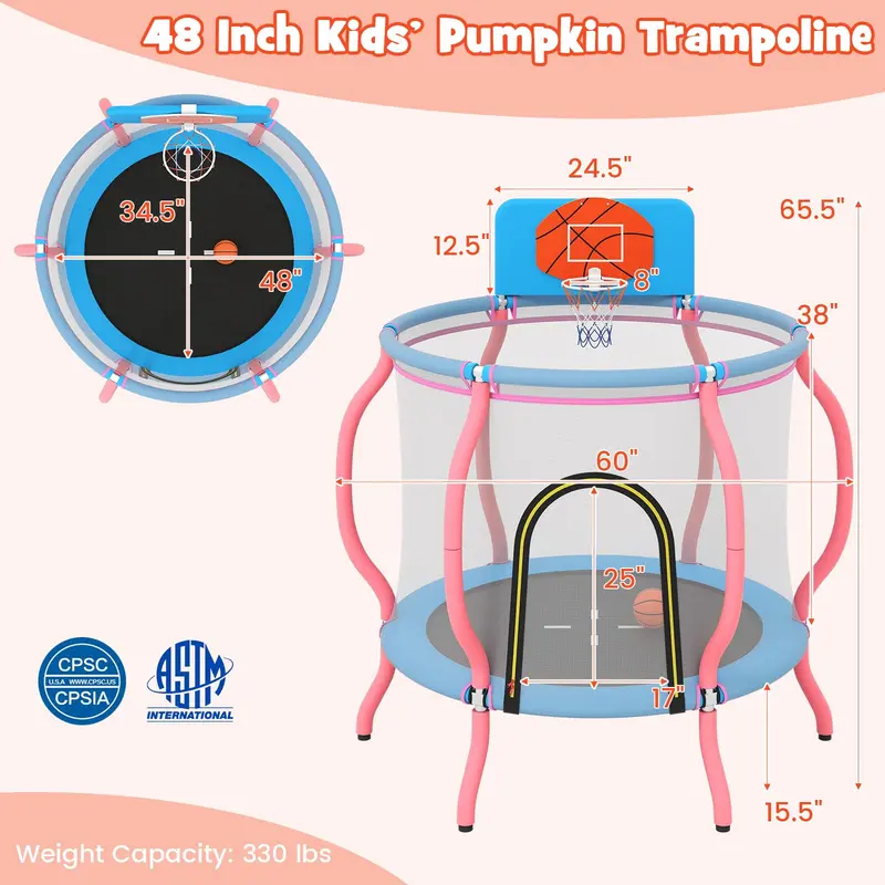 48-Inch Pumpkin-Themed Trampoline – Indoor/Outdoor Bounce Mat with Basketball Hoop & Backboard