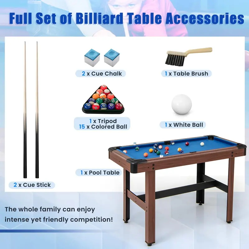 48-Inch Wooden Billiards Table with Accessories (2 Cues, 16 Balls, Chalk, Triangle, Brush) 2