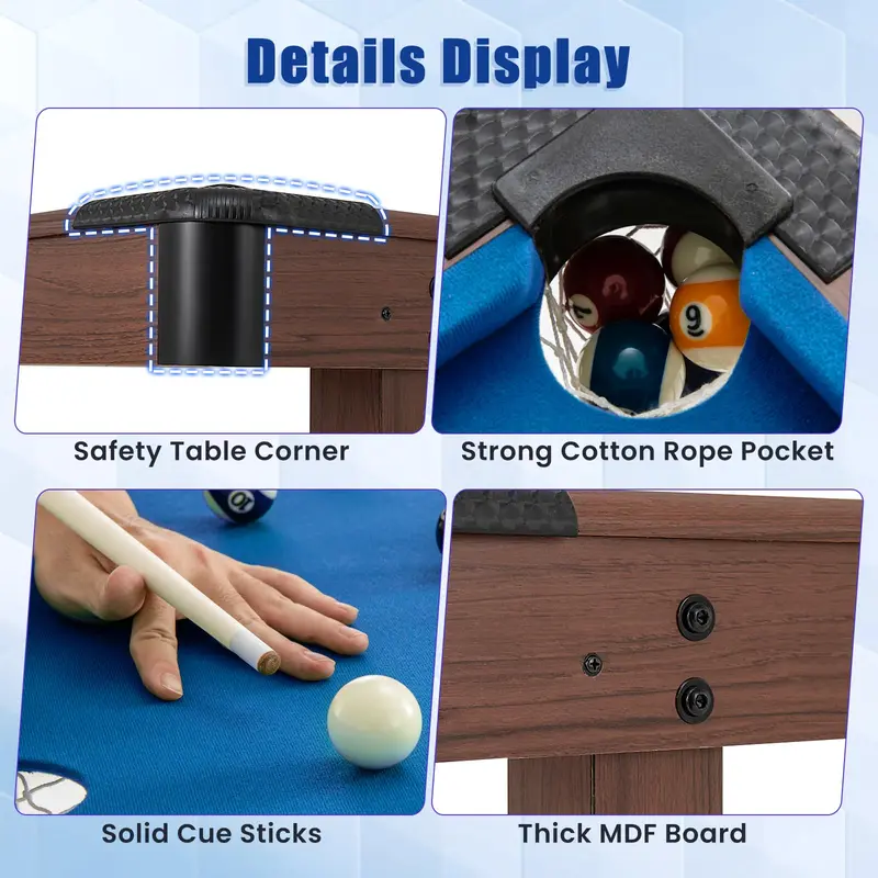 48-Inch Wooden Billiards Table with Accessories (2 Cues, 16 Balls, Chalk, Triangle, Brush)